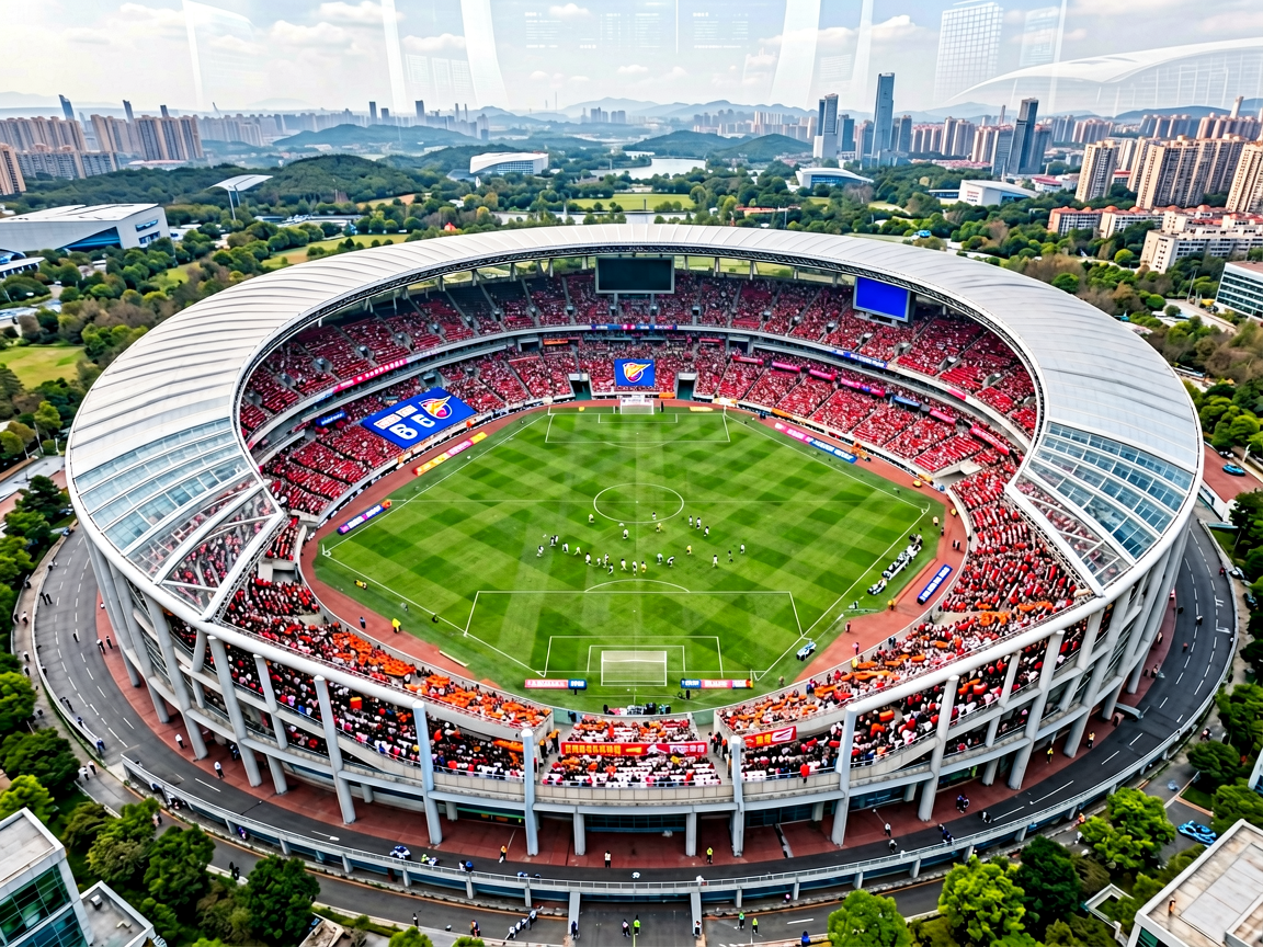 体育场高空俯瞰视角，现代化足球场馆的全景鸟瞰图